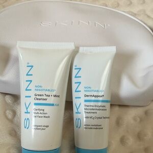 SKINN Cosmetics green tea/mint cleanser. Dermappeal white faux leather bag